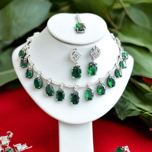 Emerald Stone AD Studded Necklace Set