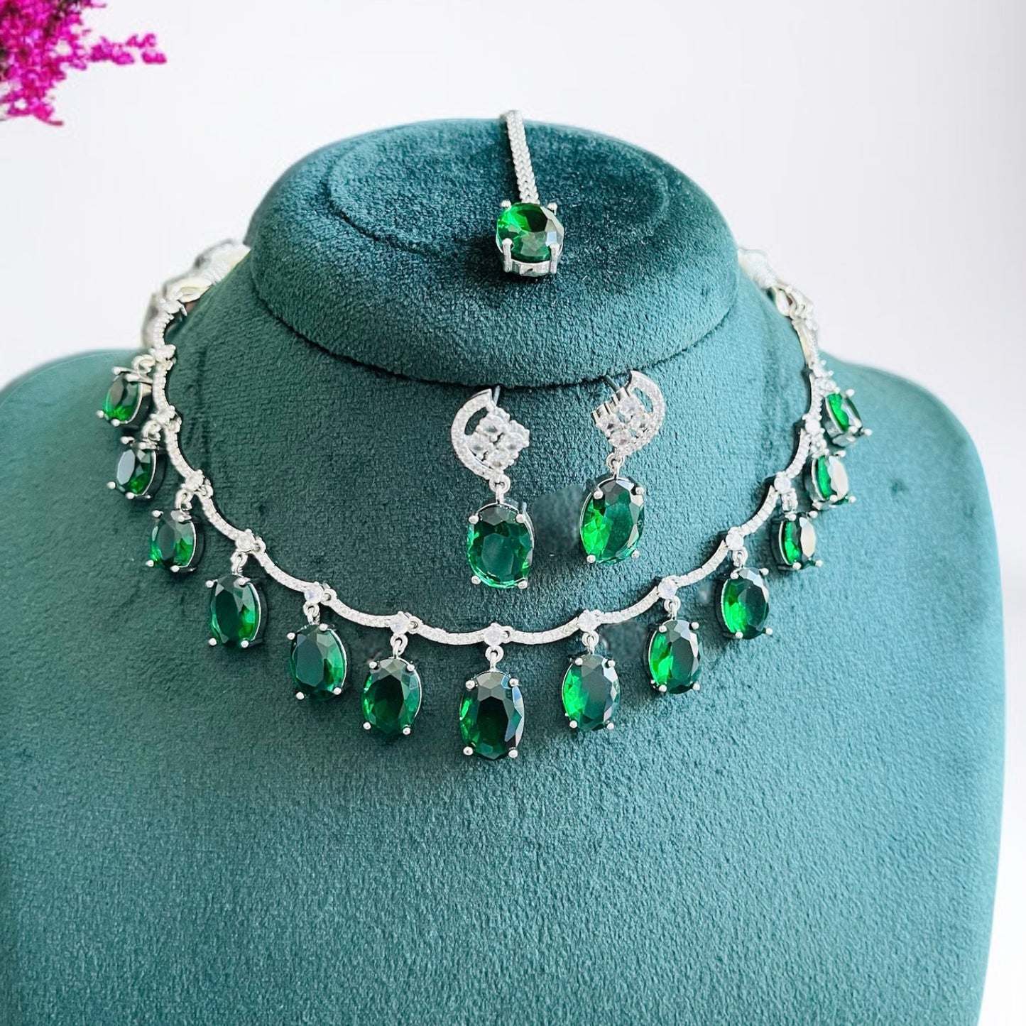 Emerald Stone AD Studded Necklace Set