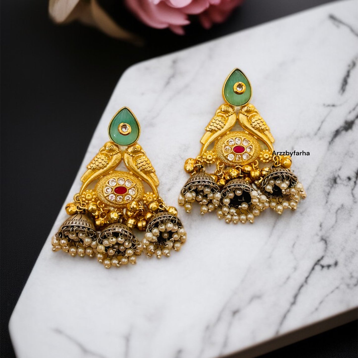 Dual Tone Mint Peacock Statement Earrings