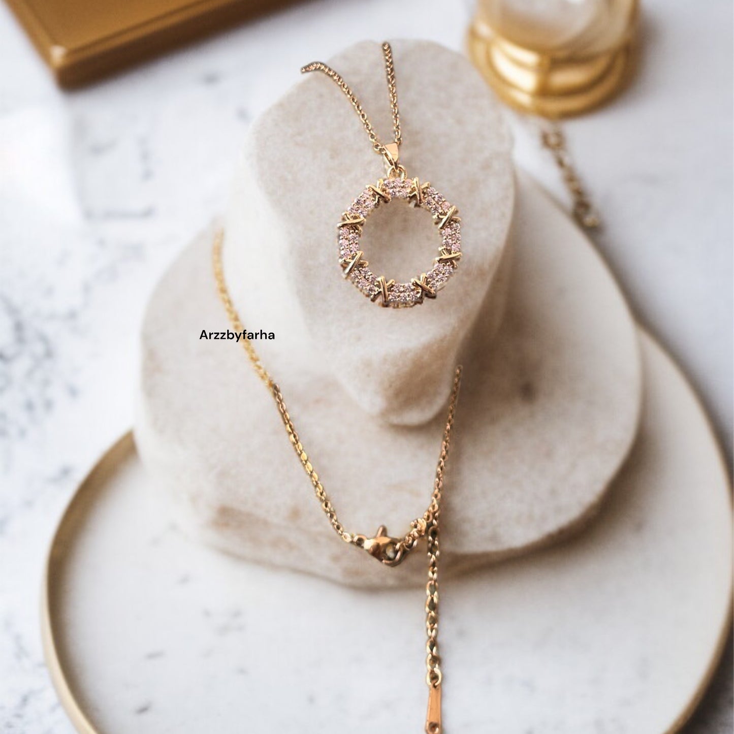 Gold AD Studded Ring Pendant Necklace