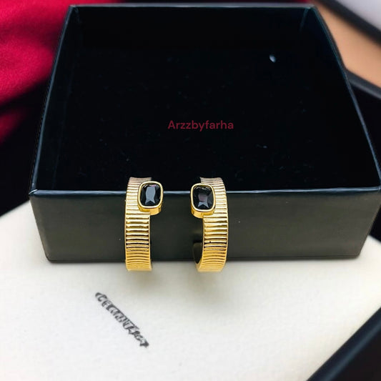 Black Stone Gold Hoop Earring