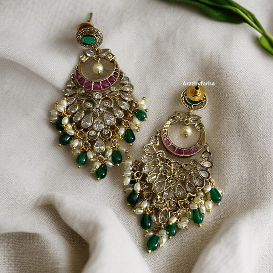 Moissanite Uncut Polki Chandbali Earrings
