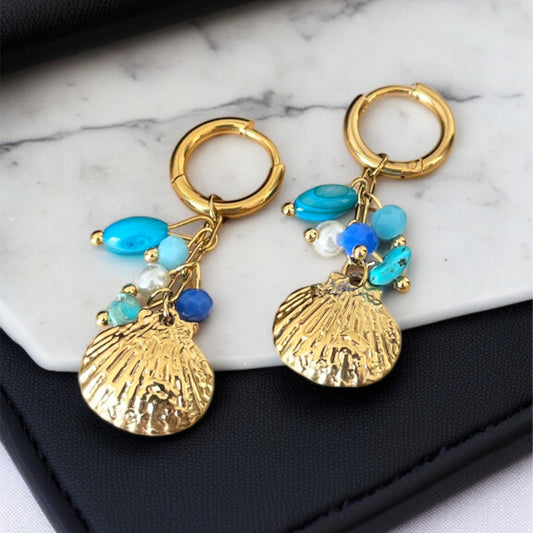 Gold Shell Blue Drop Earrings