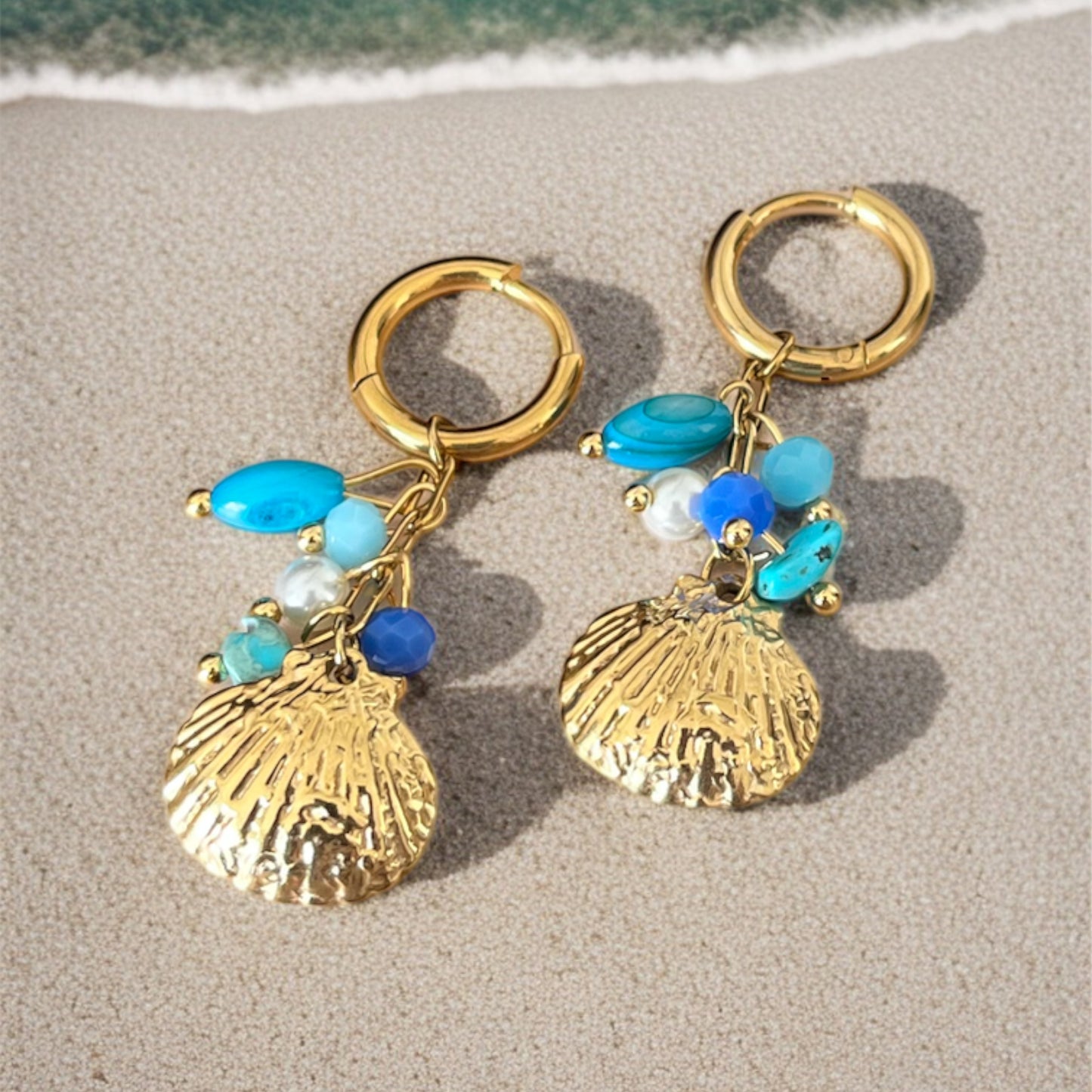 Gold Shell Blue Drop Earrings