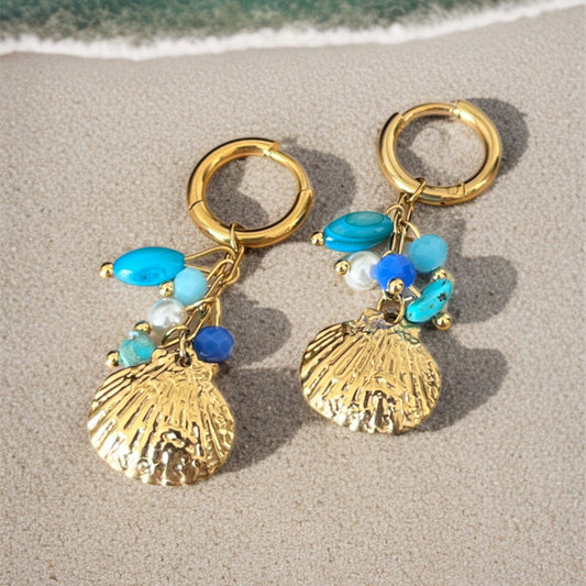 Gold Shell Blue Drop Earrings