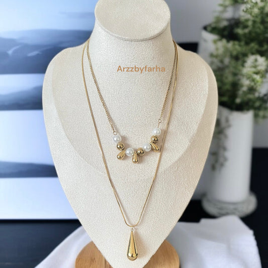 Double Layer Gold Pearl Drop Necklace