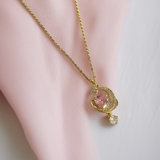 Pink Heart Crescent Chain Necklace