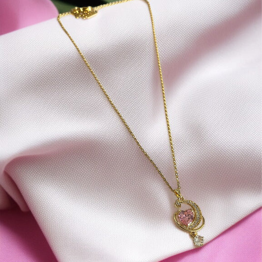 Pink Heart Crescent Chain Necklace
