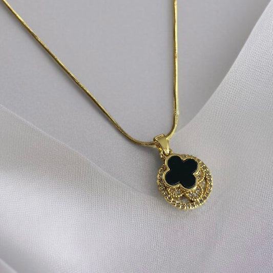 Double Pendant Black Clover Chain Necklace