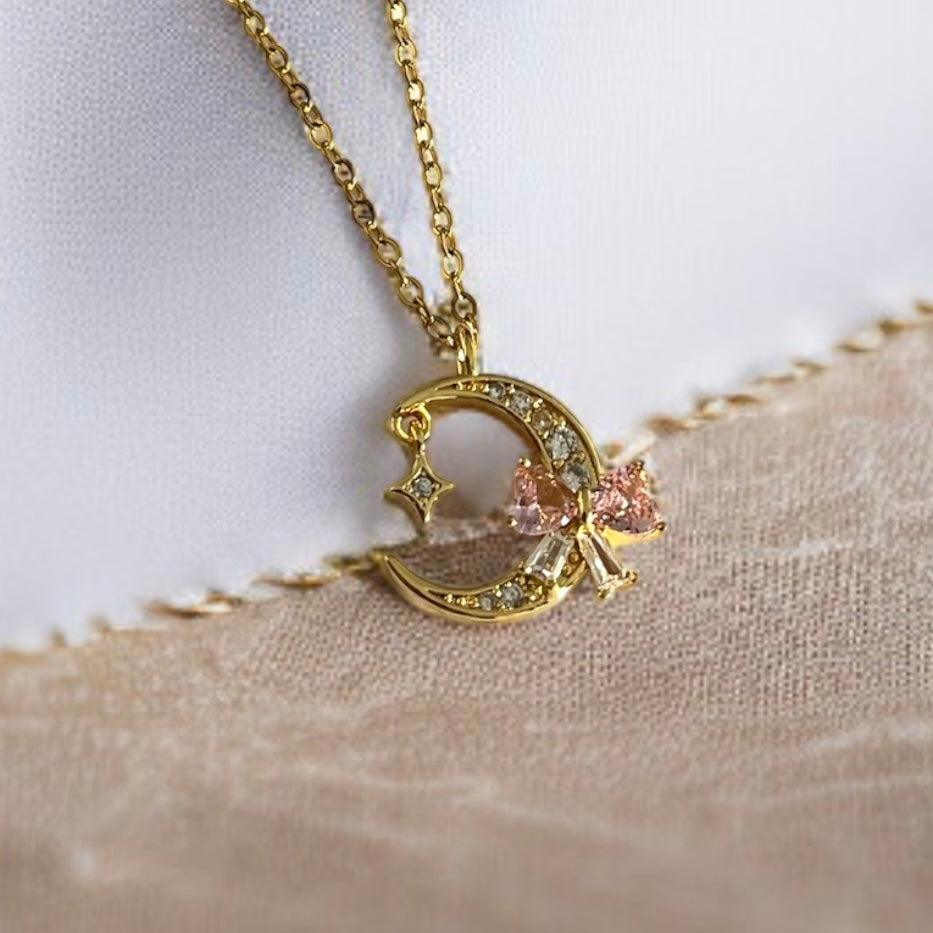 Pink Bow Crescent Chain Necklace