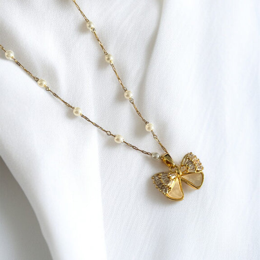 MOP Bow Pearl Chain Necklace