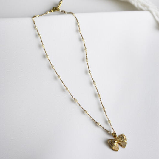 MOP Bow Pearl Chain Necklace