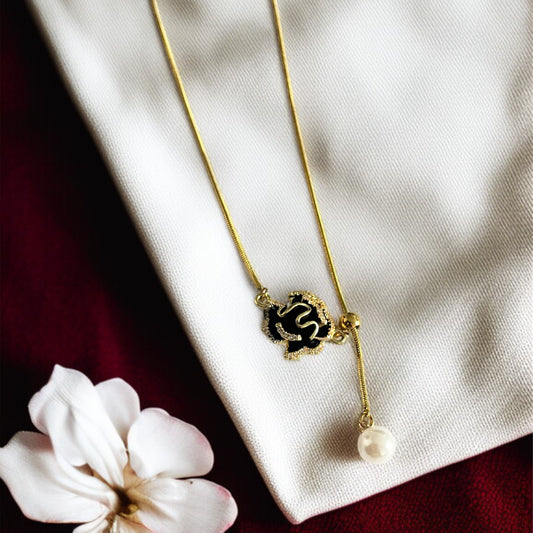 Black Flower Pearl Drop Chain Necklace