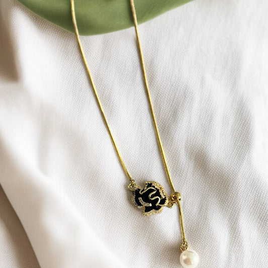 Black Flower Pearl Drop Chain Necklace