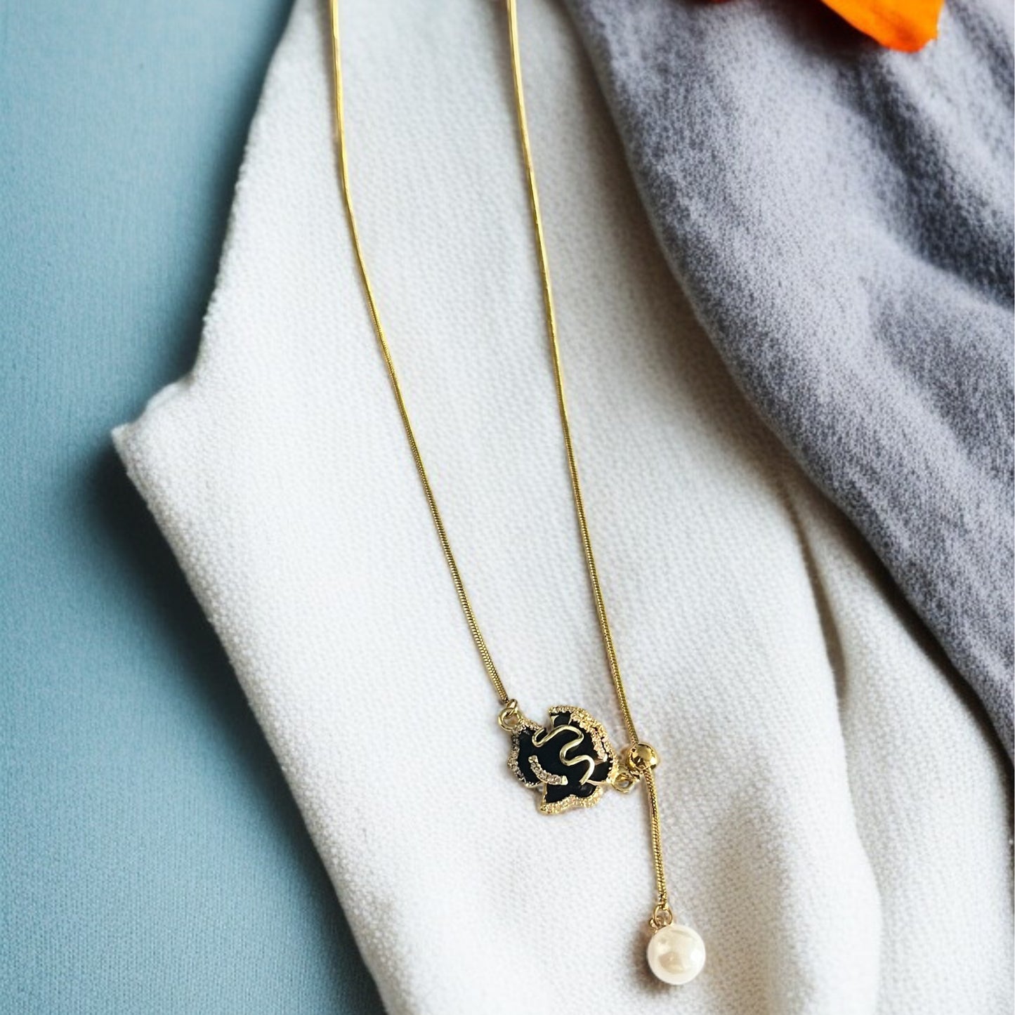 Black Flower Pearl Drop Chain Necklace