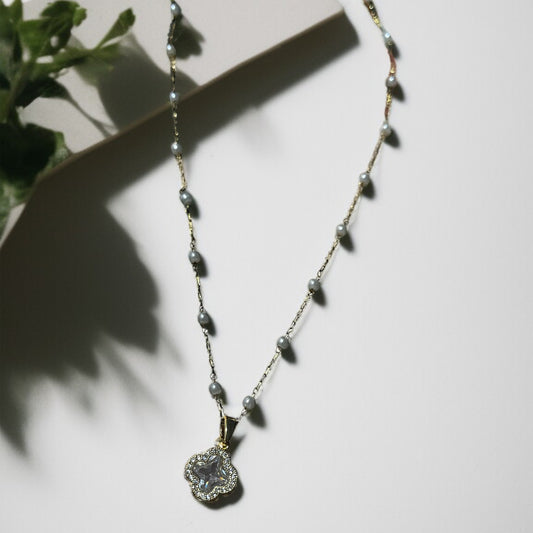 Crystal Clover Pearl Chain Necklace