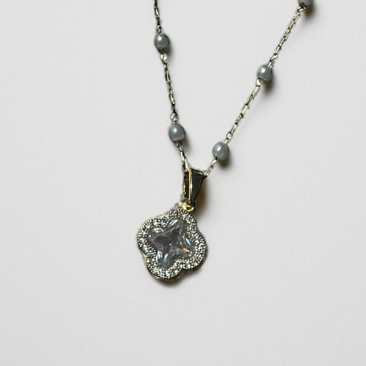 Crystal Clover Pearl Chain Necklace