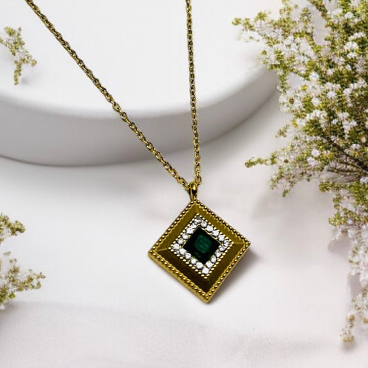 Green Stone Square Pendant Necklace