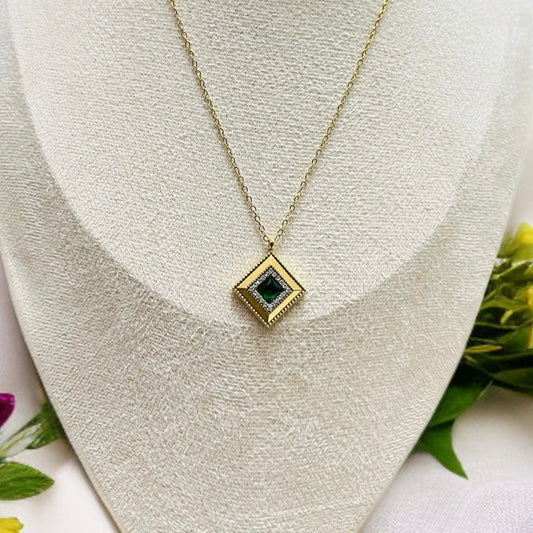 Green Stone Square Pendant Necklace