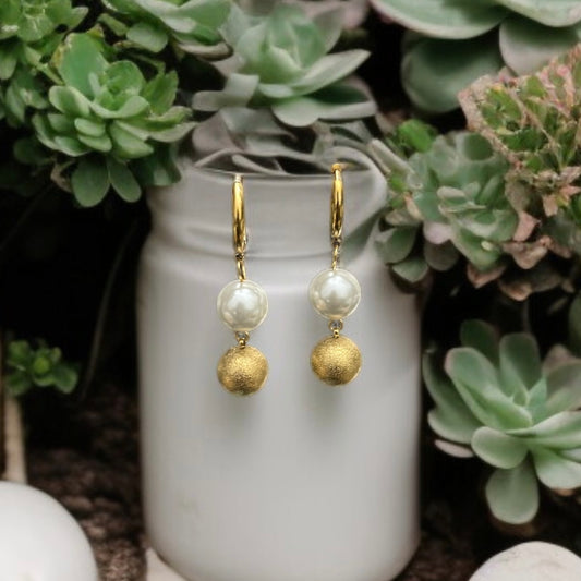 18k Gold Shimmery Ball & Pearl Earrings