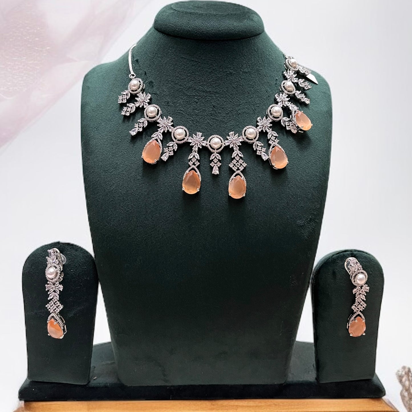 Peach & White Pearl Necklace Set