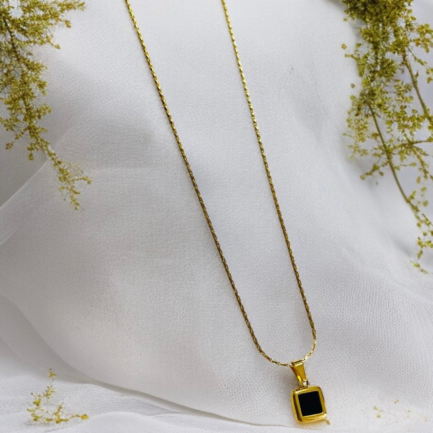 Black Square Pendant Gold Chain Necklace