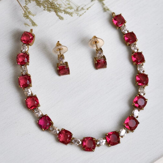 Ruby Pink  & White Sleek Necklace Set