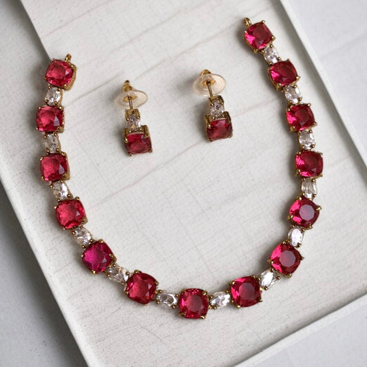 Ruby Pink  & White Sleek Necklace Set
