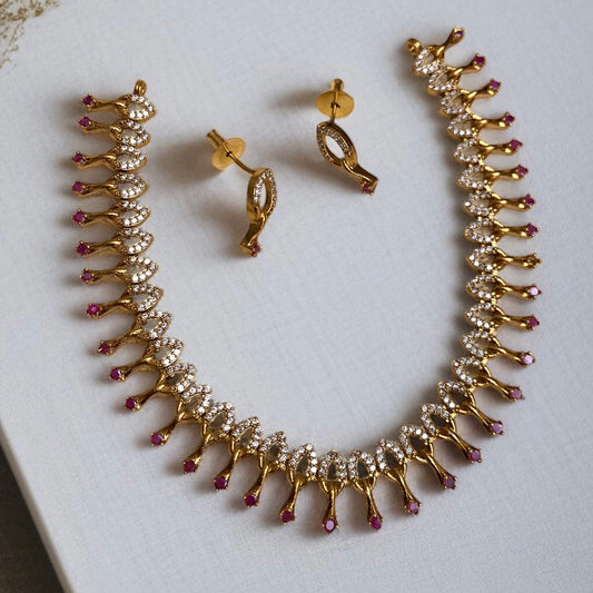 Gold Plated Ruby Pink Stone Necklace Set