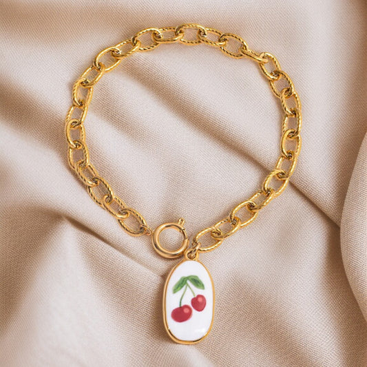 White Cherry Charm Chain Bracelet