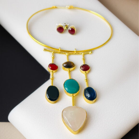Multicolor Stone Hasli Necklace Set