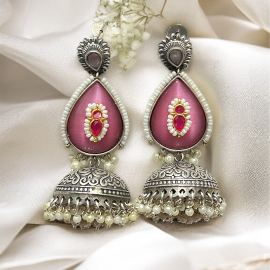 Pink Silver Jhumkas Earring