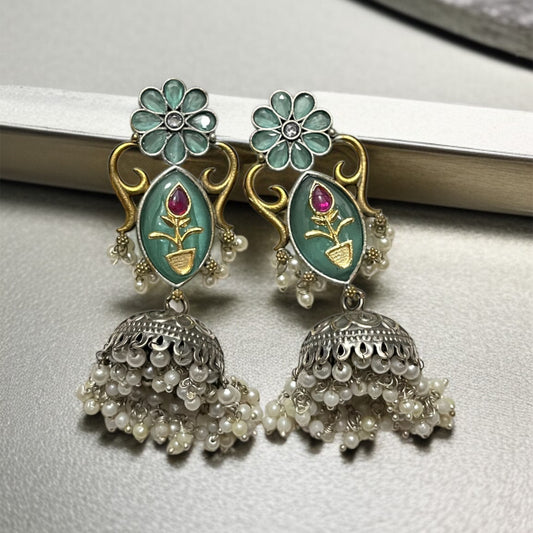 Dual Tone Mint Jhumkas Earring