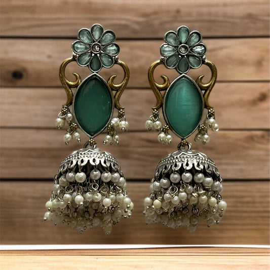 Dual Tone Mint Jhumkas Earring