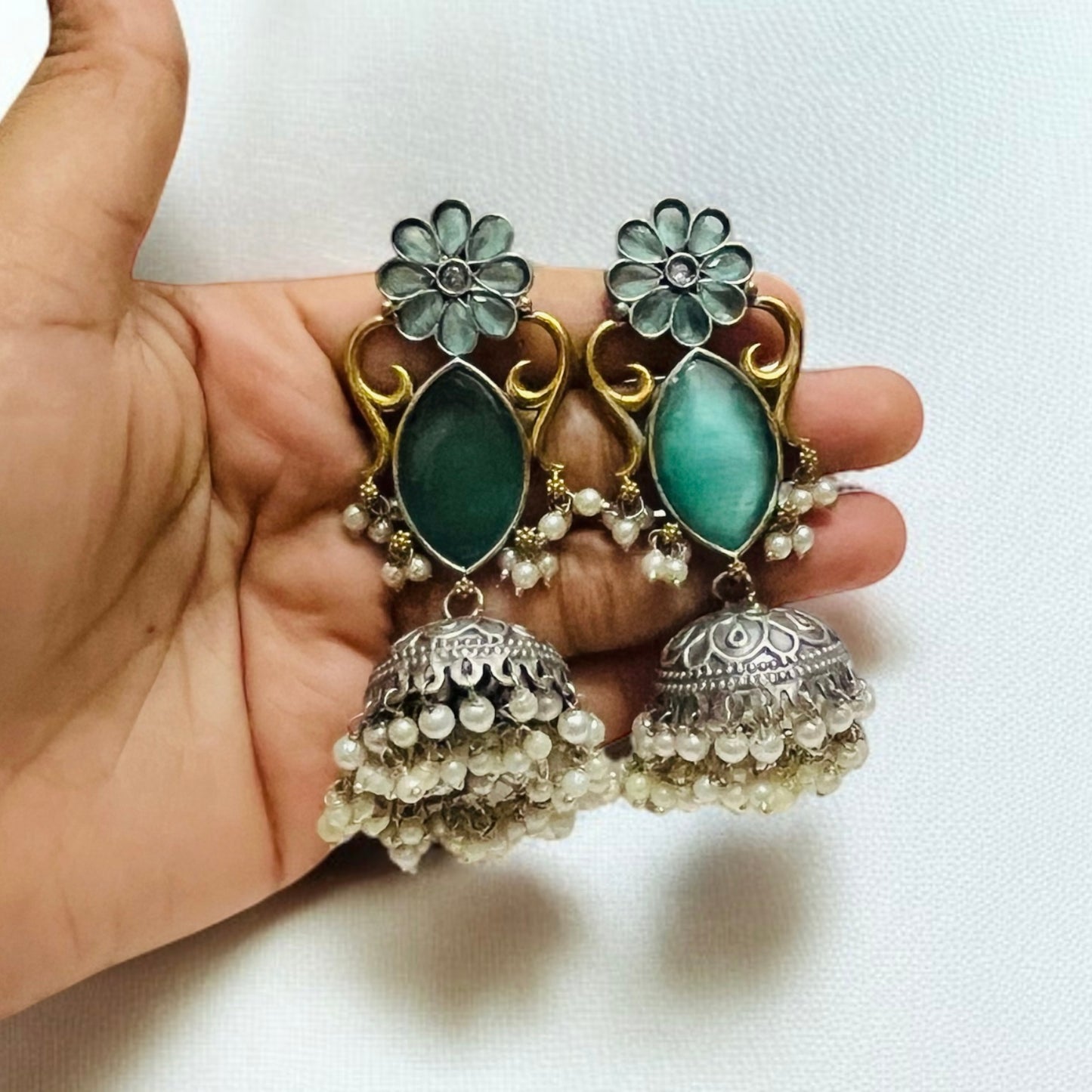 Dual Tone Mint Jhumkas Earring