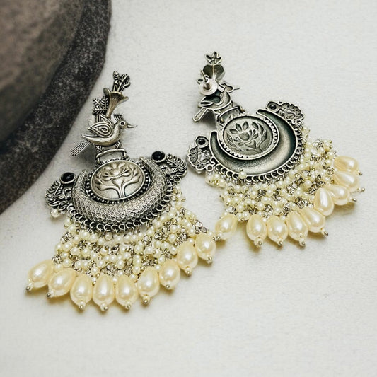 Silver Oxidised Pearl Chandbali Earrings