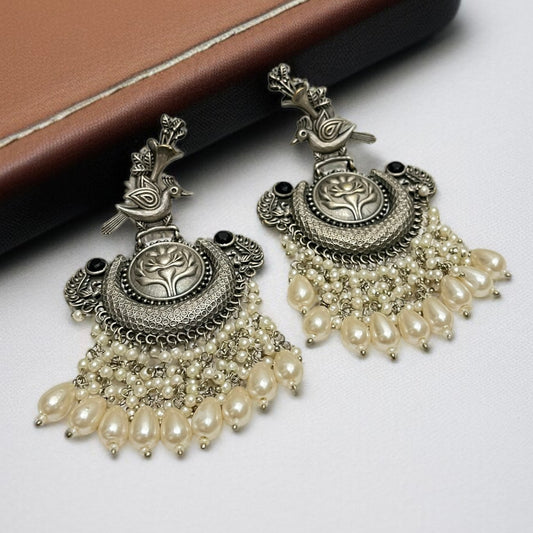 Silver Oxidised Pearl Chandbali Earrings