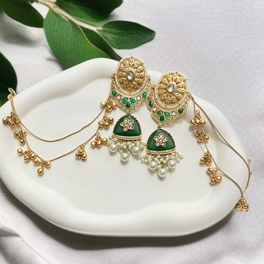 Green Statement Hair Chain Earrings