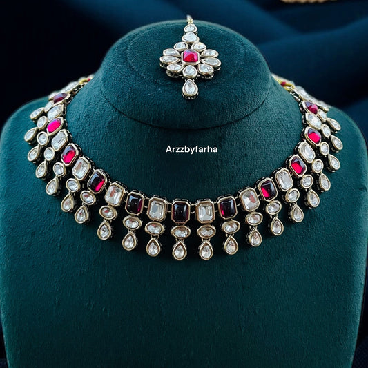 Ruby Pink & White Stone Necklace Set