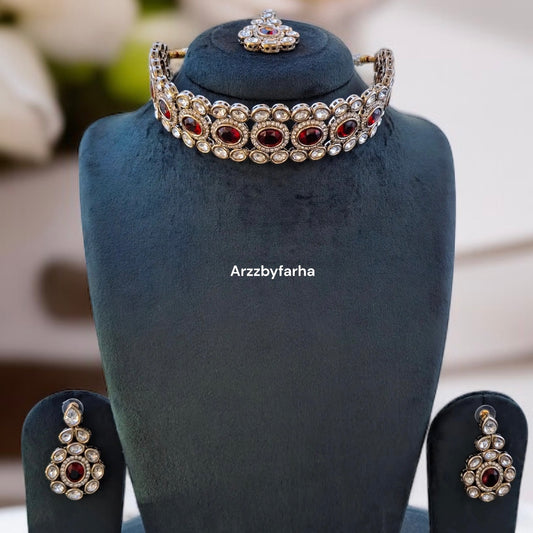 Red Kundan AD Choker Necklace Set