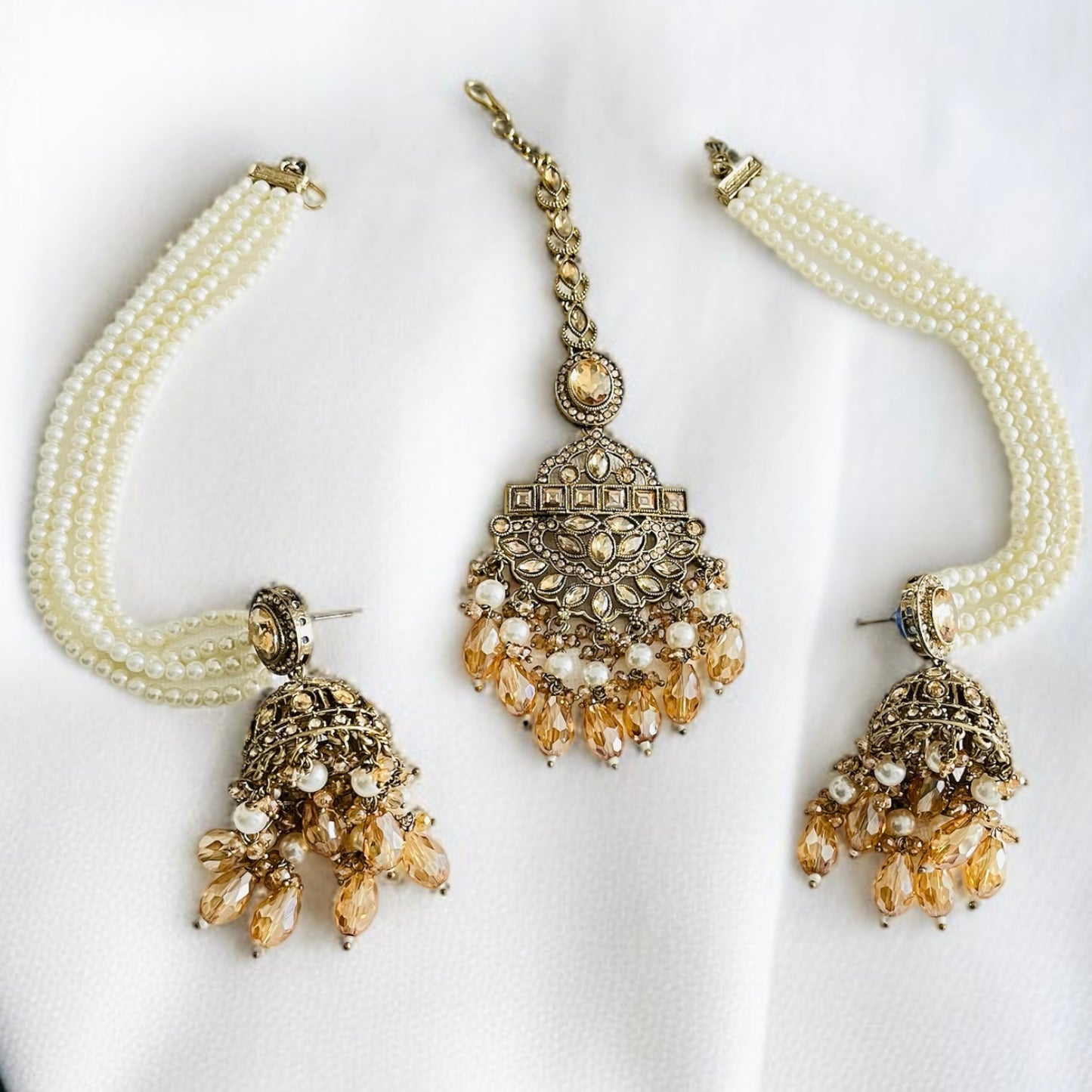 Jhumka With Hair Chain Earrings and Tikka