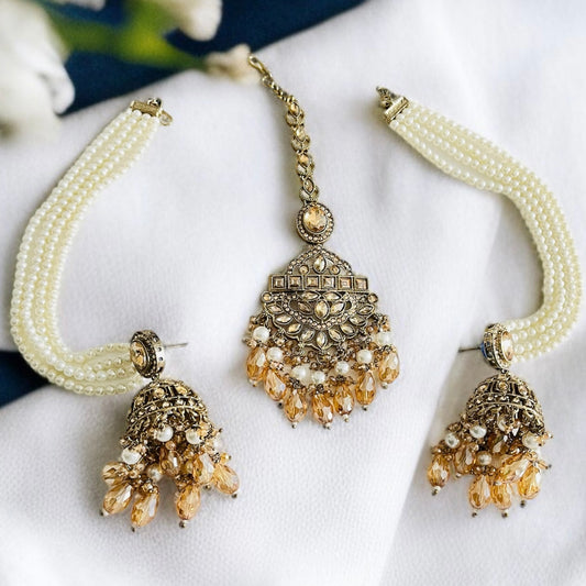 Jhumka With Hair Chain Earrings and Tikka