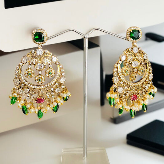 Moissanite Uncut Green Chandbali Earrings