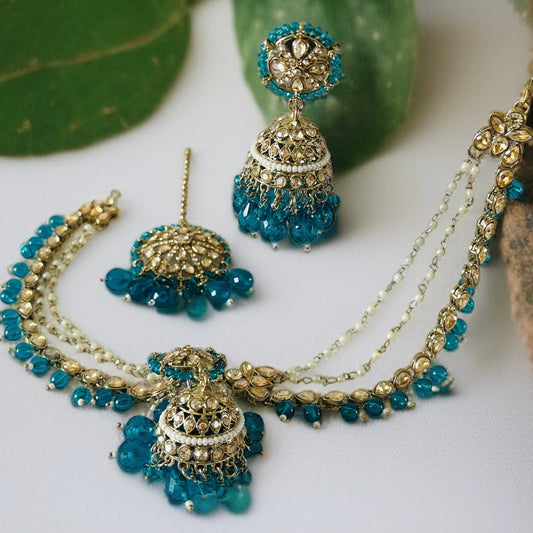 Jhumka With Hair Chain Earrings and Tikka