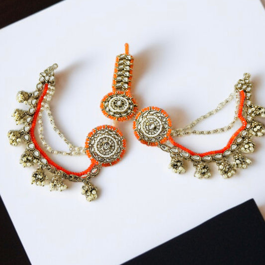Studs With Hair Chain Earrings and Tikka