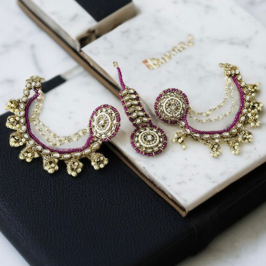 Studs With Hair Chain Earrings and Tikka