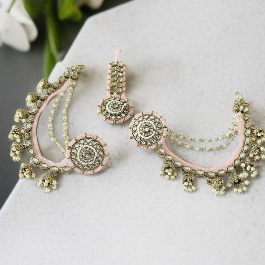 Studs With Hair Chain Earrings and Tikka