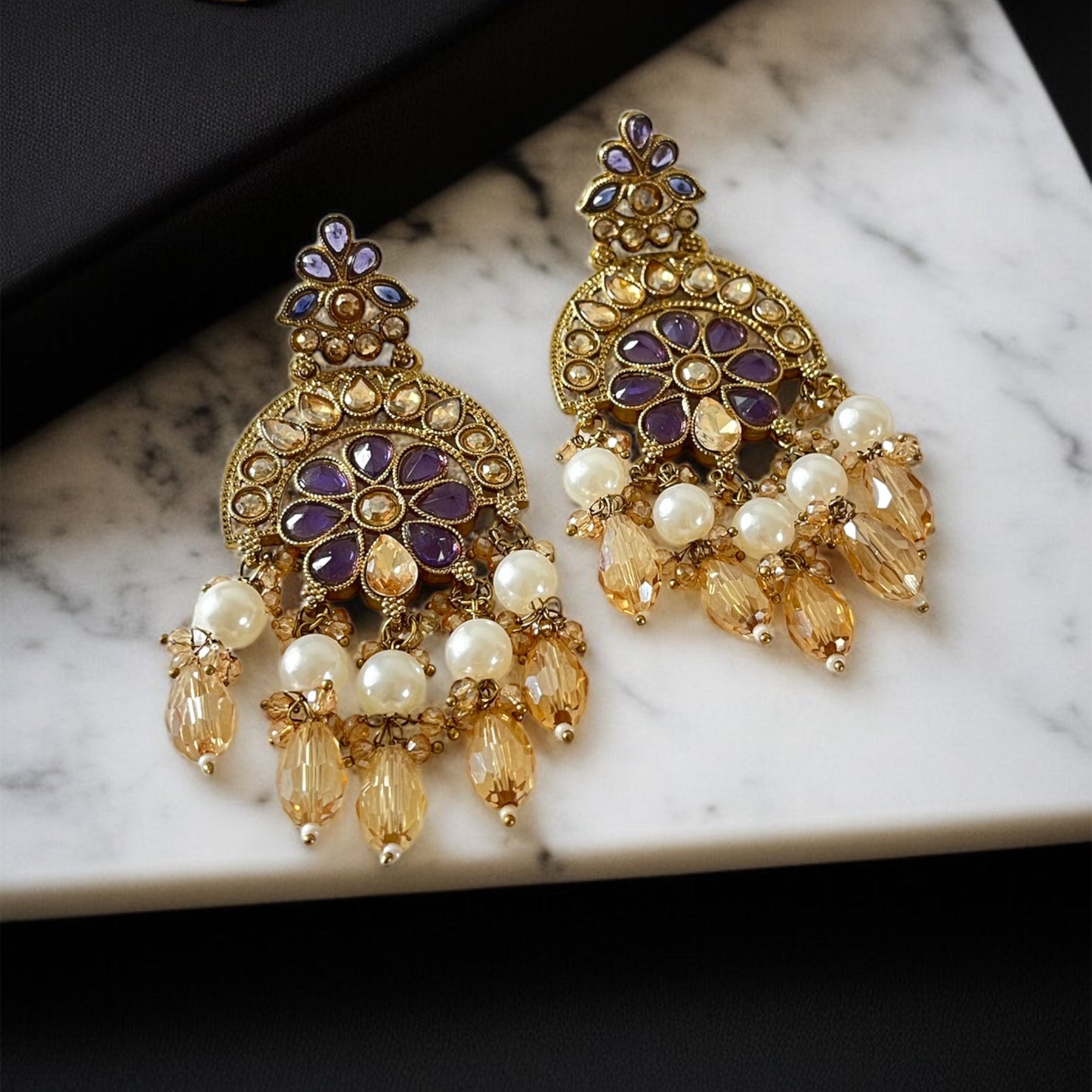 Kundan Beads Chand Earrings
