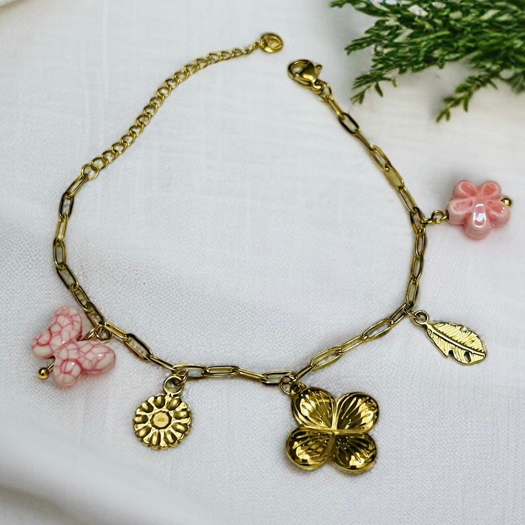 Pink & Gold Charms Chain Bracelet