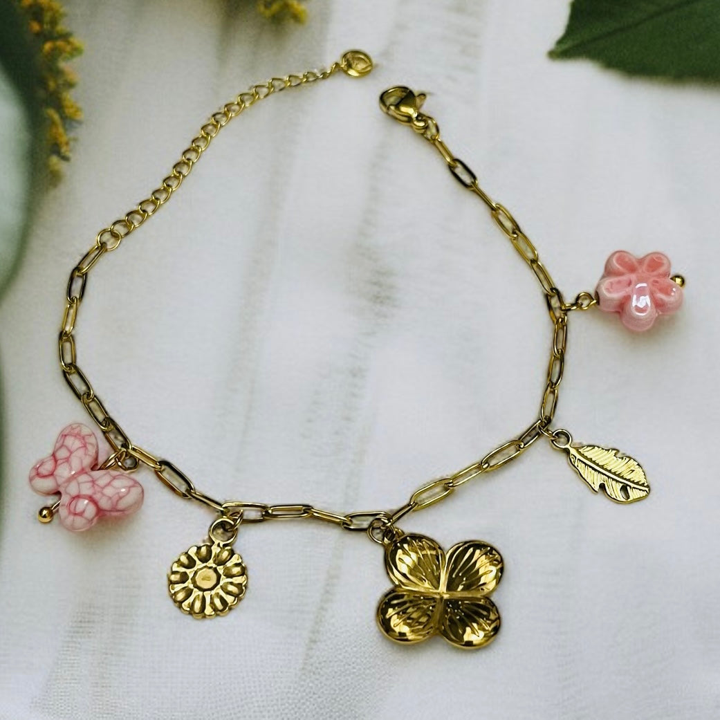 Pink & Gold Charms Chain Bracelet